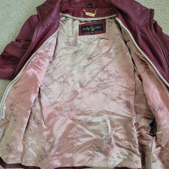 Baby Phat Woman Genuine Red Leather Jacket Size Medium Moto Logo y2k Vintage - Picture 7 of 9